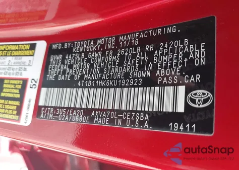 2019 Toyota Camry Se from USA, damaged, VIN 4T1B11HK6KU192923